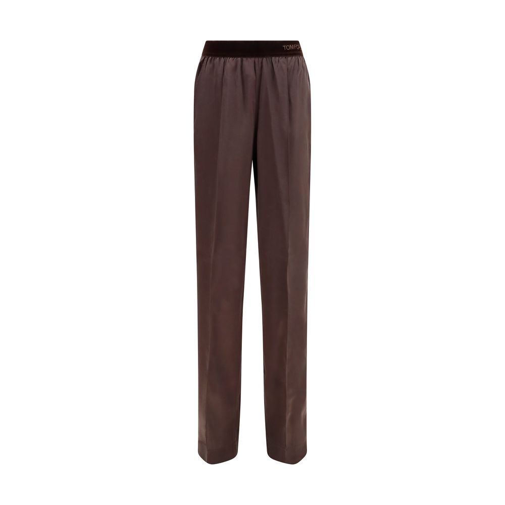 Casual Pants by Tom Ford for women in satin silk velvet black & brown presents a tailored silhouette, showcasing a tailored relaxed-fit, regular-fit & wide and long cut with a refined for a truly tailored aesthetic.