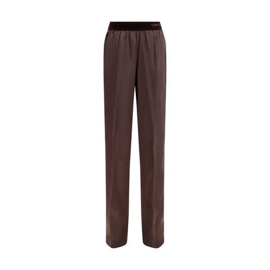 Casual Pants by Tom Ford for women in satin silk velvet black & brown presents a tailored silhouette, showcasing a tailored relaxed-fit, regular-fit & wide and long cut with a refined for a truly tailored aesthetic.