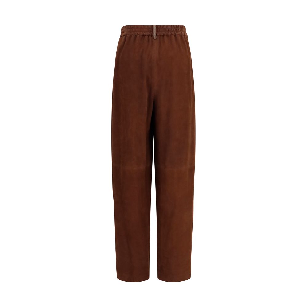 Casual Pants by Fabiana Filippi for women in suede leather brown features an sartorial relaxed-fit, wide & oversized and long with a cut for a sartorial finish.