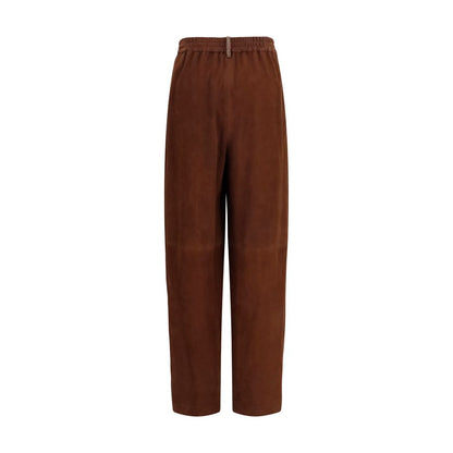 Casual Pants by Fabiana Filippi for women in suede leather brown features an sartorial relaxed-fit, wide & oversized and long with a cut for a sartorial finish.
