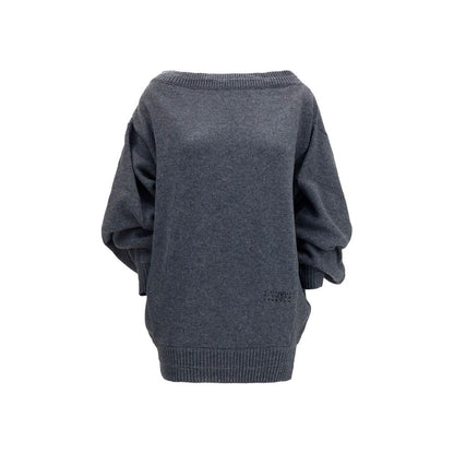 Dress by MM6 for women in merino wool & nylon gray & signature presents a sinuous silhouette, showcasing a sophisticated crew neckline and long-sleeve detailed with a sinuous short mini for a refined finish.