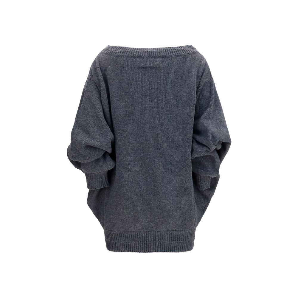 Dress by MM6 for women in merino wool & nylon gray & signature features a dramatic silhouette, showcasing an elegant crew neckline and that flows into a dramatic short mini.