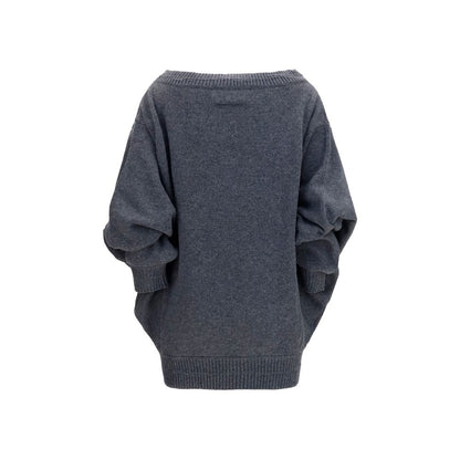 Dress by MM6 for women in merino wool & nylon gray & signature features a dramatic silhouette, showcasing an elegant crew neckline and that flows into a dramatic short mini.