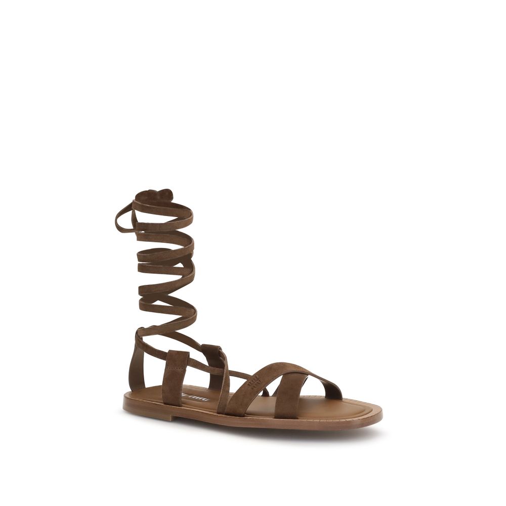 Flat Gladiator Sandals by Miu Miu for women in bos taurus calf suede leather brown & signature features an exquisite silhouette, showcasing the exquisite Women's Bos Taurus Calf Suede Leather Flat Gladiator Sandals with a flat and .