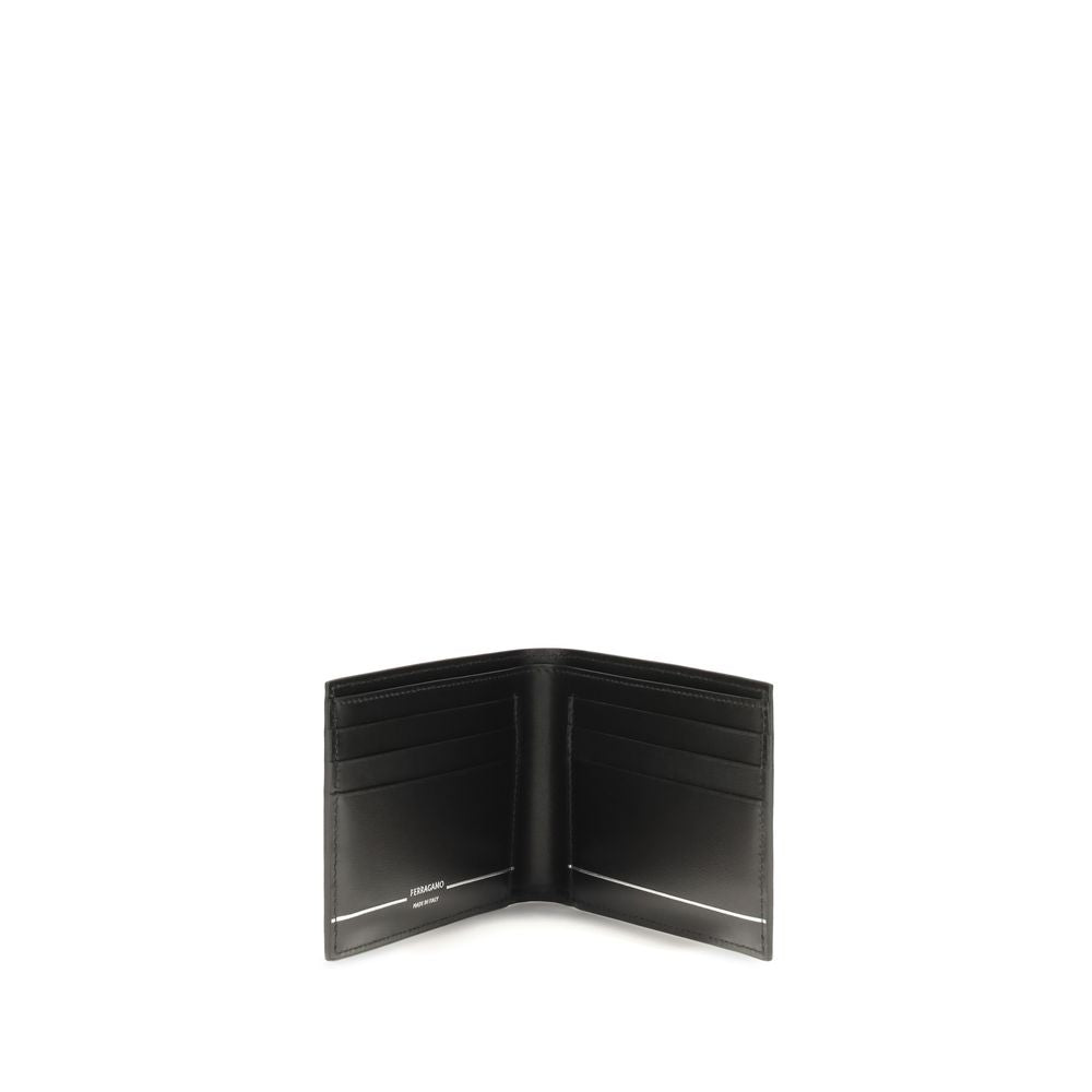 Cardholder Wallet by Ferragamo for men in bos taurus calf leather black, white & striped showcases a distinguished silhouette, artfully capturing the essence of the distinguished Bos Taurus Calf Leather Cardholder Wallet design with functional card-organization bifold.
