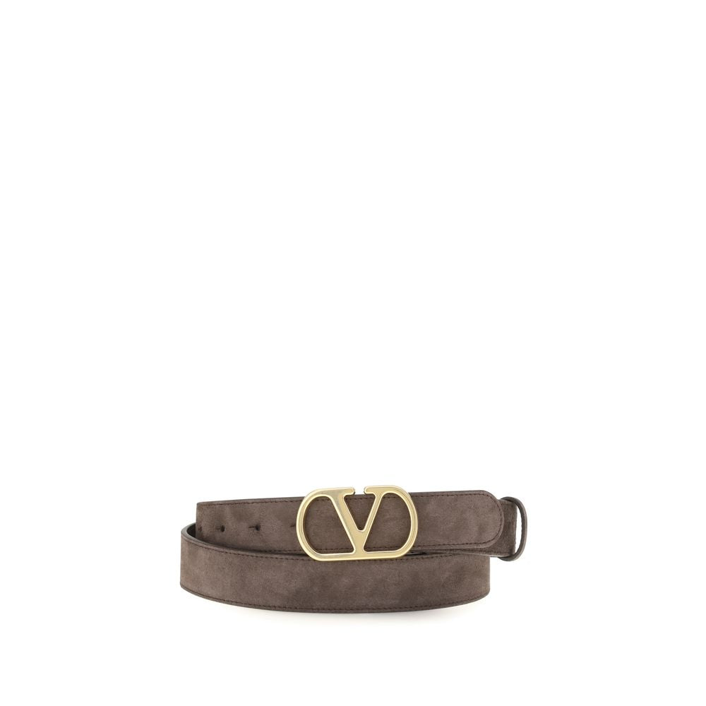 Belt by Valentino Garavani for men in bos taurus calf suede leather brown, gold & signature features an artisanal finish, elegantly showcasing the signature style and artisanal craftsmanship of the V Logo Bos Taurus Calf Suede Leather Belt design.