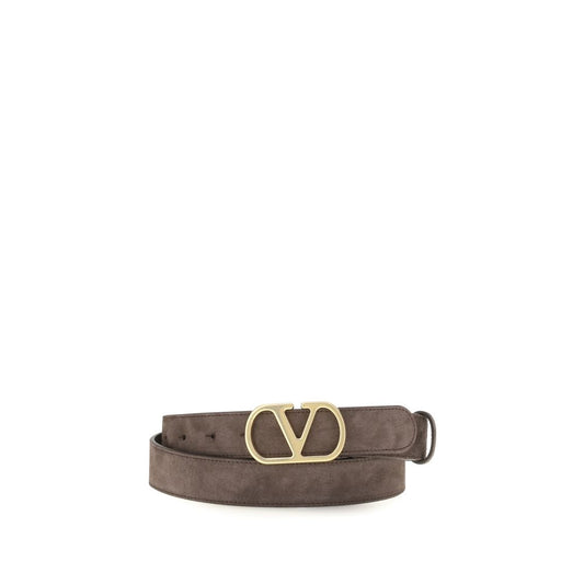 Belt by Valentino Garavani for men in bos taurus calf suede leather brown, gold & signature features an artisanal finish, elegantly showcasing the signature style and artisanal craftsmanship of the V Logo Bos Taurus Calf Suede Leather Belt design.
