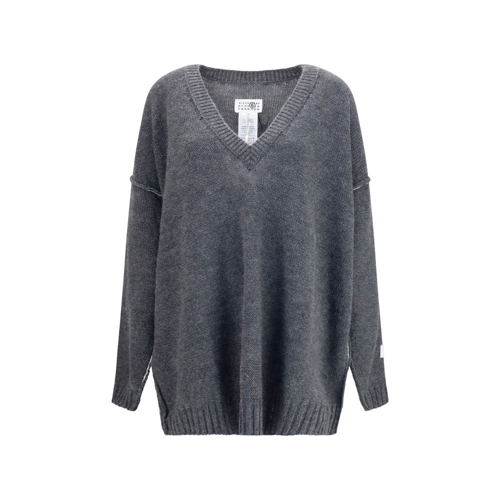 Sweatshirt by MM6 for women in marabou alpaca merino wool gray features an provocated silhouette, detailed with a provocated and a refined v-neck neckline for a sophisticated aesthetic.