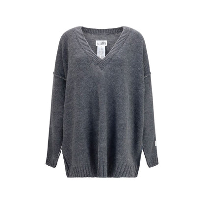 Sweatshirt by MM6 for women in marabou alpaca merino wool gray features an provocated silhouette, detailed with a provocated and a refined v-neck neckline for a sophisticated aesthetic.