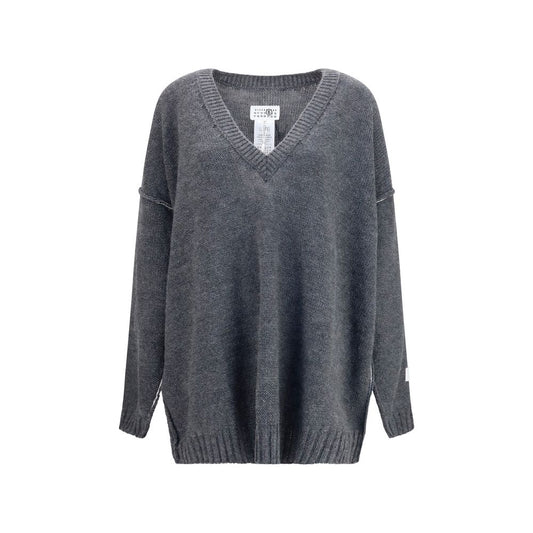 Sweatshirt by MM6 for women in marabou alpaca merino wool gray features an provocated silhouette, detailed with a provocated and a refined v-neck neckline for a sophisticated aesthetic.