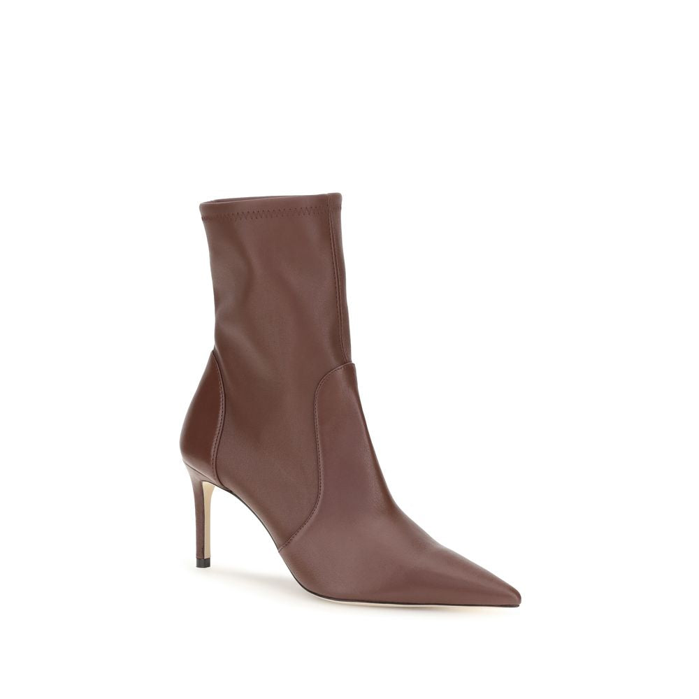 Stiletto Ankle Boots by Stuart Weitzman for women in bos taurus calf leather brown & natural features an dynamic silhouette, showcasing the dynamic Women's Bos Taurus Calf Leather Stiletto Ankle Boots design with its distinctive stiletto and elegant pointed toe style.