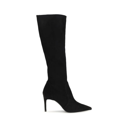 Stiletto Boots by Stuart Weitzman for women in bos taurus calf suede leather black showcases a ergonomic silhouette from the Women's Bos Taurus Calf Suede Leather Stiletto Boots collection, featuring a ergonomic stiletto and a ergonomic pointed toe style.