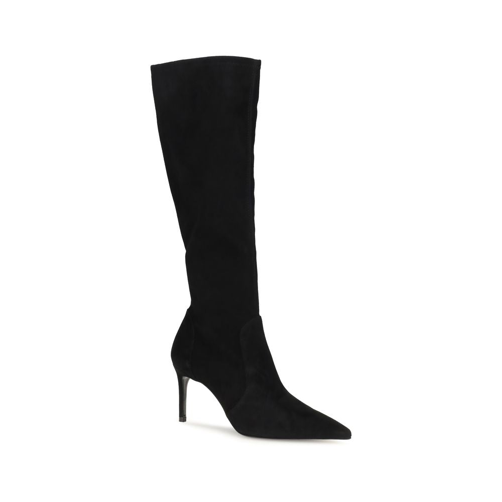 Stiletto Boots by Stuart Weitzman for women in bos taurus calf suede leather black features an high-performance silhouette, showcasing the sophisticated design of the Women's Bos Taurus Calf Suede Leather Stiletto Boots with a stiletto and a refined pointed toe style.