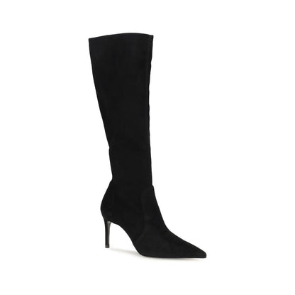 Stiletto Boots by Stuart Weitzman for women in bos taurus calf suede leather black features an high-performance silhouette, showcasing the sophisticated design of the Women's Bos Taurus Calf Suede Leather Stiletto Boots with a stiletto and a refined pointed toe style.