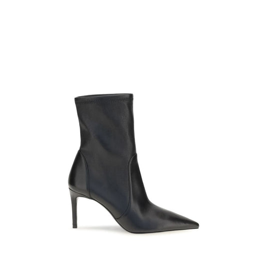 Stiletto Ankle Boots by Stuart Weitzman for women in bos taurus calf leather black & natural features an high-performance silhouette, showcasing the sophisticated design of the Women's Bos Taurus Calf Leather Stiletto Ankle Boots with a stiletto and a refined pointed toe style.