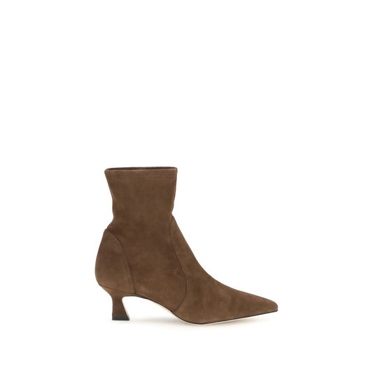 Mid-Heel Sock Ankle Boots by Stuart Weitzman for women in bos taurus calf leather brown features an dynamic silhouette, showcasing the dynamic Women's Bos Taurus Calf Leather Mid-Heel Sock Ankle Boots design with its distinctive mid-heel and elegant pointed toe style.