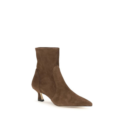 Mid-Heel Sock Ankle Boots by Stuart Weitzman for women in bos taurus calf leather brown features an high-performance silhouette, showcasing the sophisticated design of the Women's Bos Taurus Calf Leather Mid-Heel Sock Ankle Boots with a mid-heel and a refined pointed toe style.