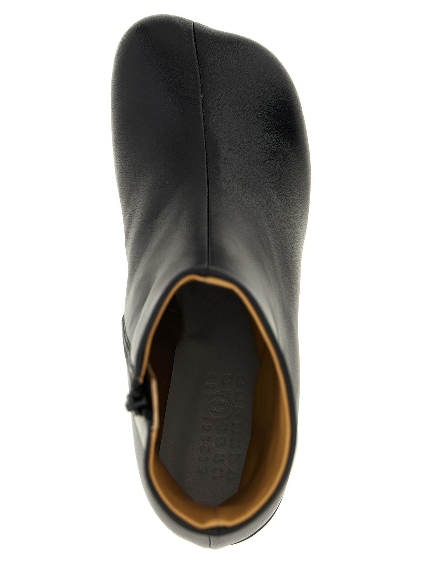 Ankle Boots by MM6 Maison Margiela for women in polyester nappa leather black, white & signature showcases a ergonomic silhouette from the Women's Polyester Nappa Leather Ankle Boots collection, featuring a ergonomic block-heel and a ergonomic .