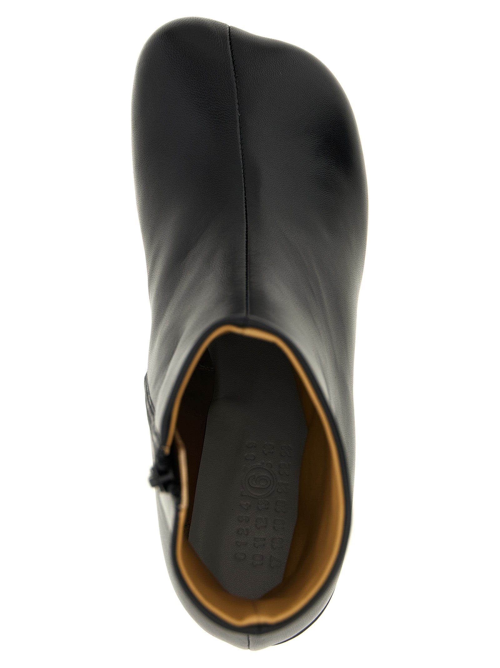 Ankle Boots by MM6 Maison Margiela for women in polyester nappa leather black, white & signature showcases a ergonomic silhouette from the Women's Polyester Nappa Leather Ankle Boots collection, featuring a ergonomic block-heel and a ergonomic .