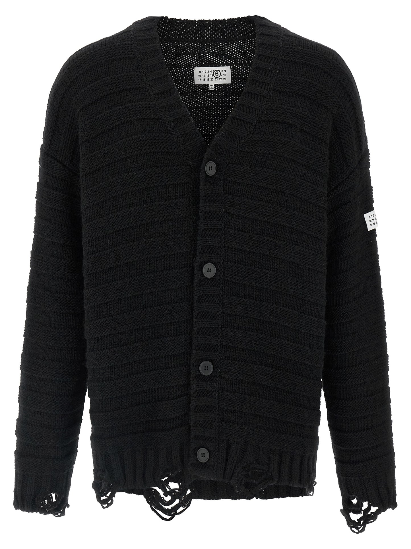 Cardigan by MM6 Maison Margiela for men in acrylic virgin wool black, white & signature showcases a luxurious silhouette, meticulously detailed with a sophisticated v-neck neckline and for a refined finish.