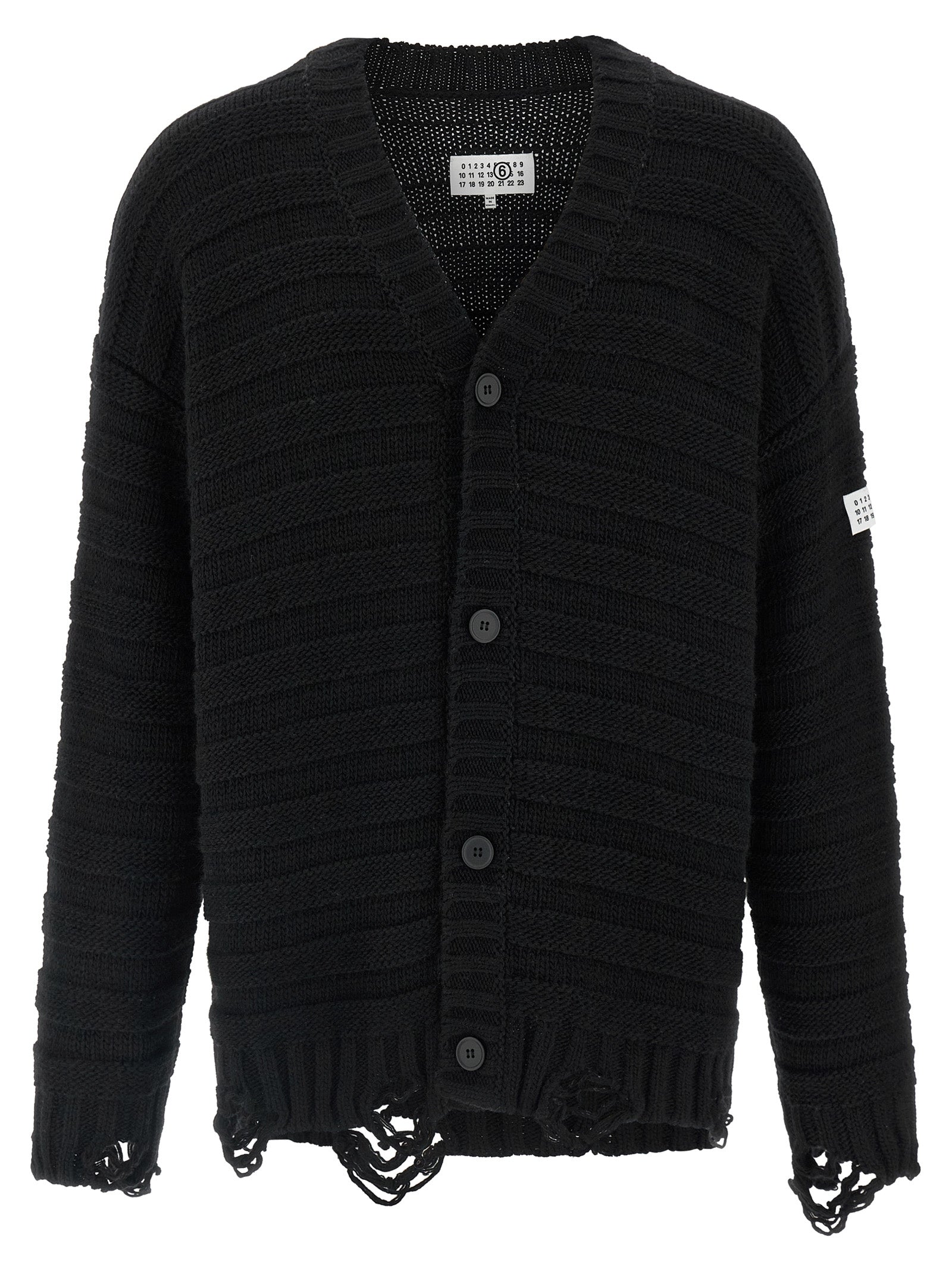 Cardigan by MM6 Maison Margiela for men in acrylic virgin wool black, white & signature showcases a luxurious silhouette, meticulously detailed with a sophisticated v-neck neckline and for a refined finish.