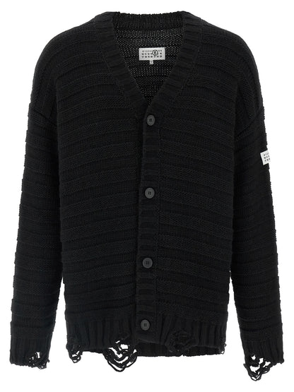 Cardigan by MM6 Maison Margiela for men in acrylic virgin wool black, white & signature showcases a luxurious silhouette, meticulously detailed with a sophisticated v-neck neckline and for a refined finish.