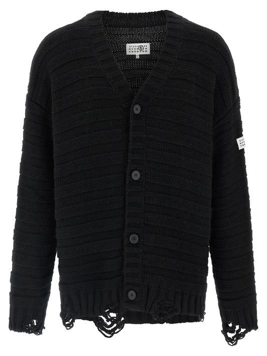 Cardigan by MM6 Maison Margiela for men in acrylic virgin wool black, white & signature showcases a luxurious silhouette, meticulously detailed with a sophisticated v-neck neckline and for a refined finish.