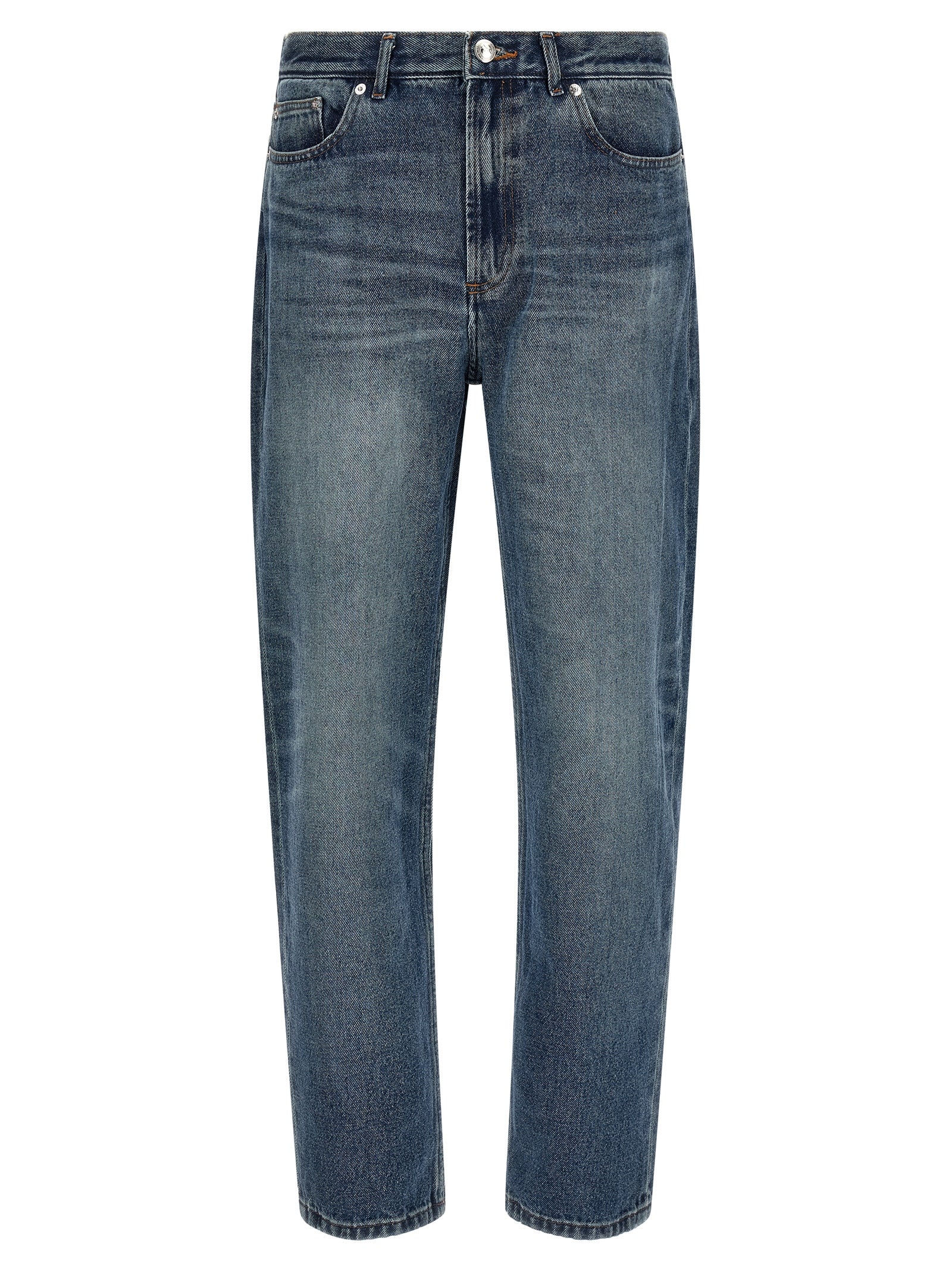 Jeans by A.P.C. for men in denim cotton blue & silver presents a tailored silhouette, showcasing a tailored straight-leg & relaxed-fit and long cut with a refined high rise for a truly tailored aesthetic.