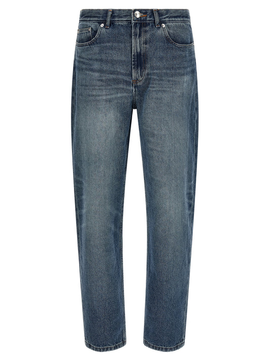 Jeans by A.P.C. for men in denim cotton blue & silver presents a tailored silhouette, showcasing a tailored straight-leg & relaxed-fit and long cut with a refined high rise for a truly tailored aesthetic.