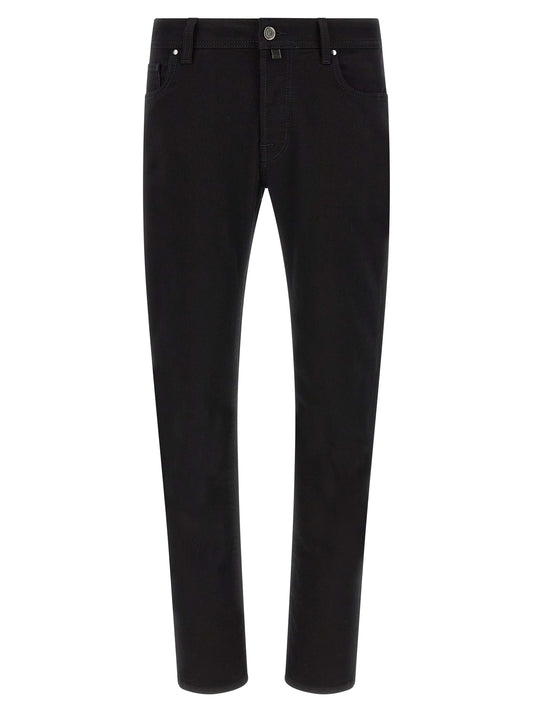 Jeans by Jacob Cohen for men in stretch denim cotton polyester black features an refined tailoring silhouette, showcasing a premium straight-leg with a mid rise and long cut for a refined tailoring look.