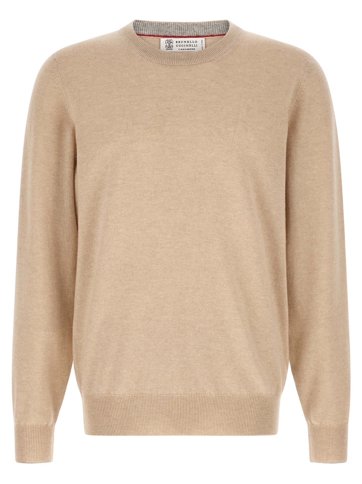 Cardigan by Brunello Cucinelli for men in cashmere beige features a dramatic silhouette, showcasing a sophisticated crew neckline and dramatic detail for a timeless, premium look.