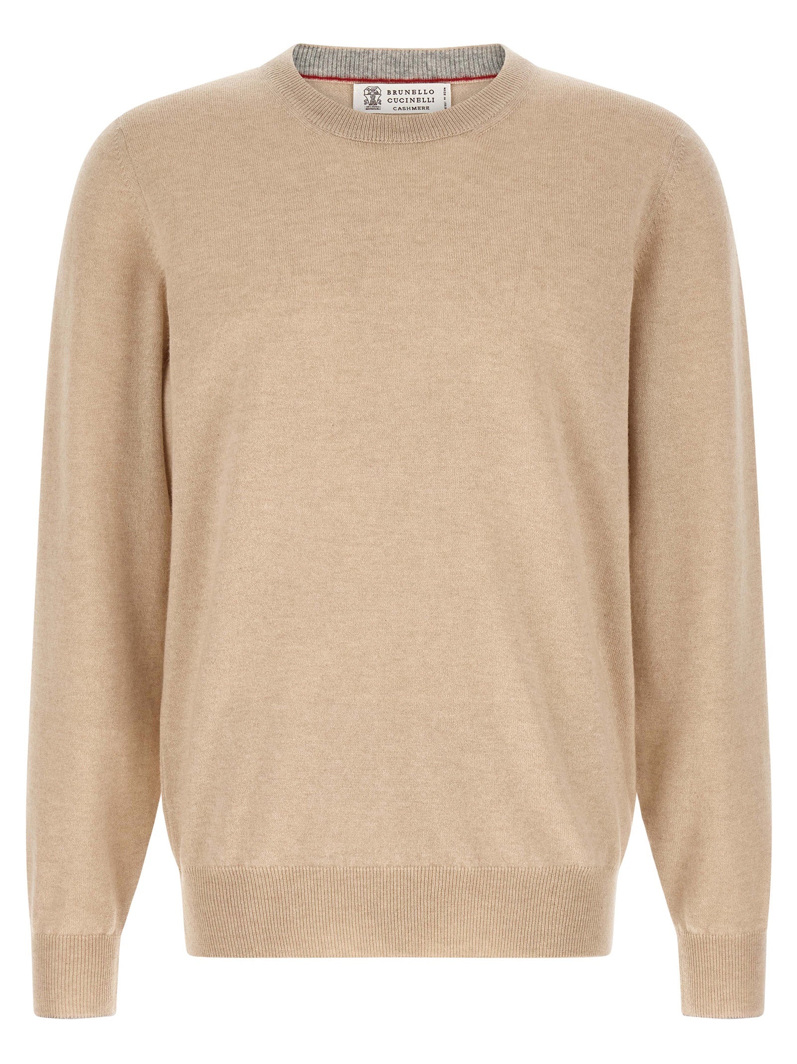 Cardigan by Brunello Cucinelli for men in cashmere beige features a dramatic silhouette, showcasing a sophisticated crew neckline and dramatic detail for a timeless, premium look.