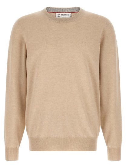 Cardigan by Brunello Cucinelli for men in cashmere beige features a dramatic silhouette, showcasing a sophisticated crew neckline and dramatic detail for a timeless, premium look.