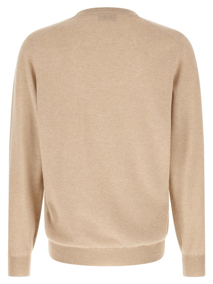 Cardigan by Brunello Cucinelli for men in cashmere beige showcases a luxurious silhouette, meticulously detailed with a sophisticated crew neckline and for a refined finish.