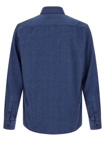 Shirt by Brunello Cucinelli for men in cotton & lyocell blue, pearl & herringbone presents a discerning silhouette, showcasing a sophisticated and for a truly discerning finish.