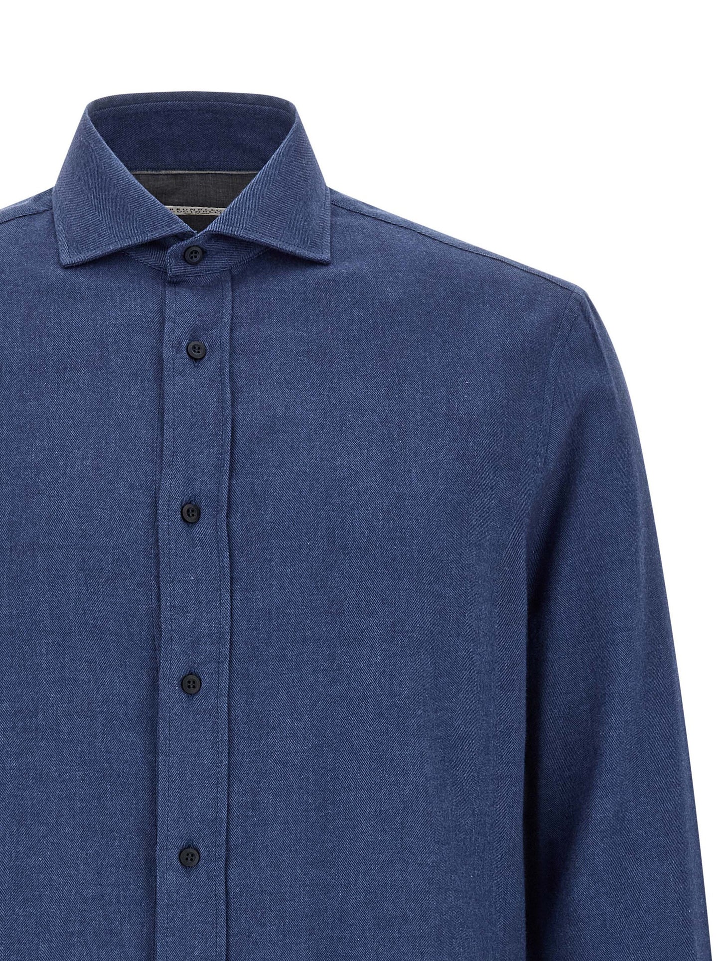 Shirt by Brunello Cucinelli for men in cotton & lyocell blue, pearl & herringbone showcases a sleek silhouette, elegantly detailed with a sleek and for a sleek finish.