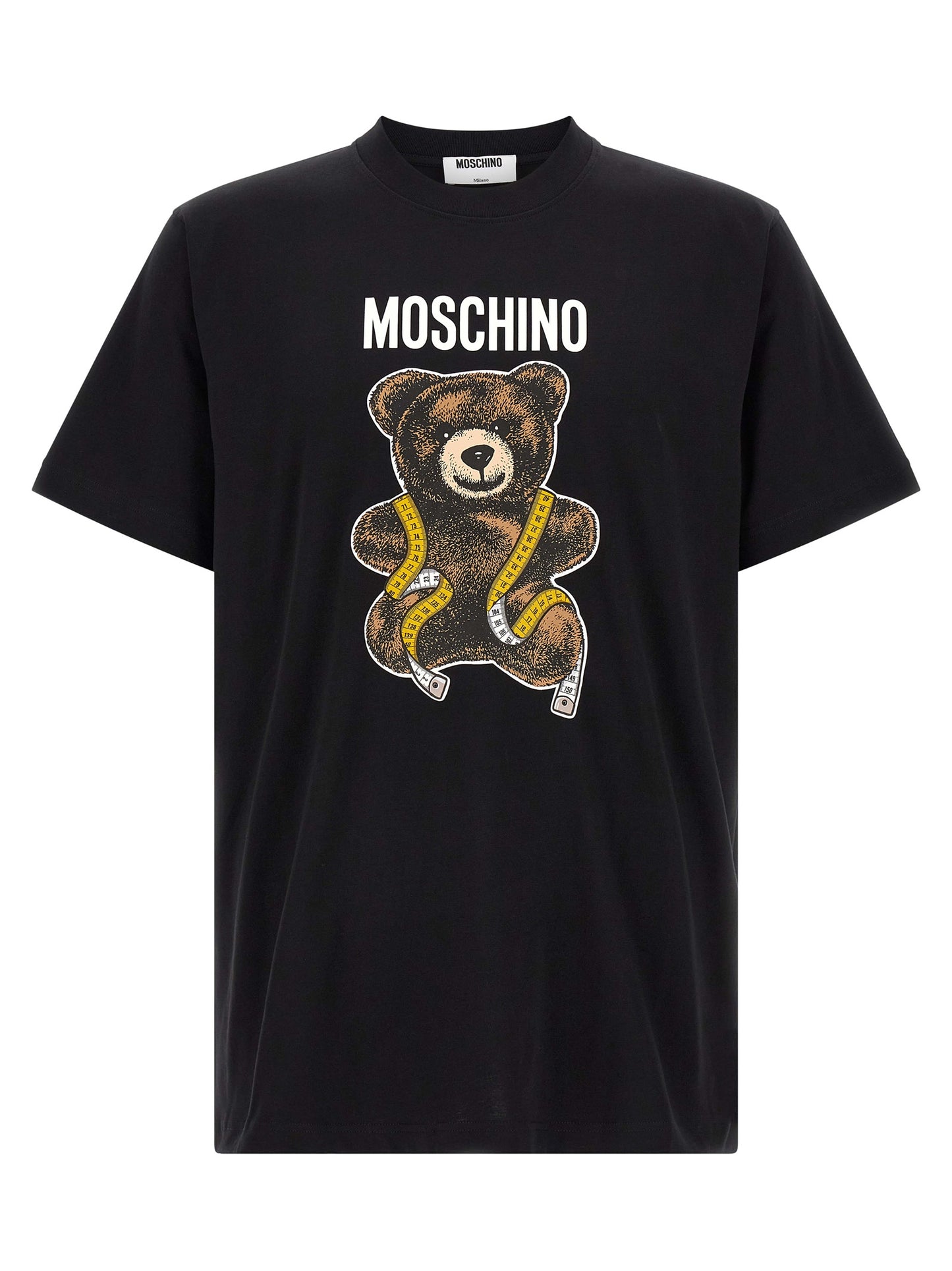 T-Shirt by Moschino for men in cotton black & yellow features an on trend silhouette, perfectly showcasing a on trend short-sleeve and crew neckline for an elevated aesthetic.