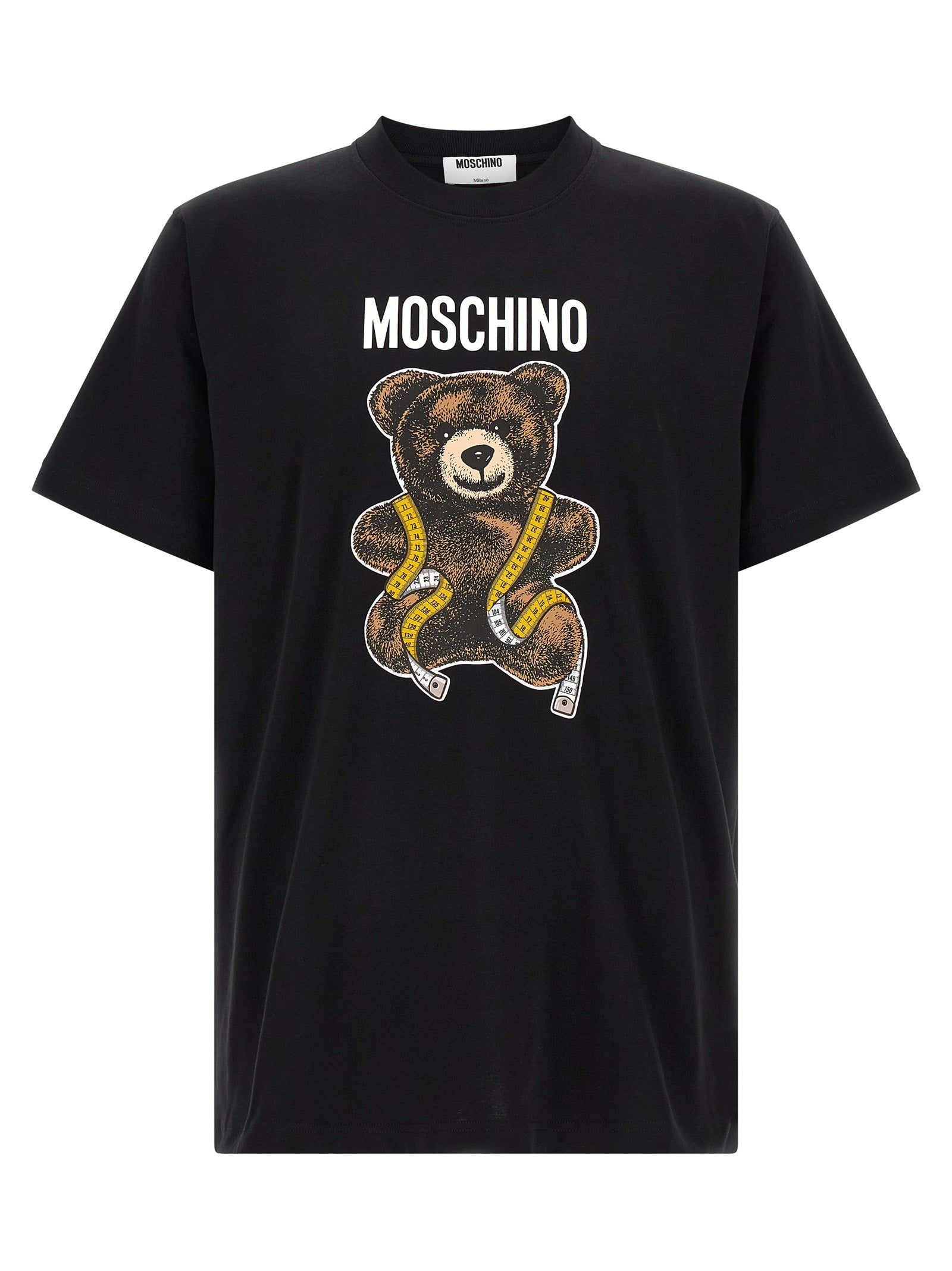 T-Shirt by Moschino for men in cotton black & yellow features an on trend silhouette, perfectly showcasing a on trend short-sleeve and crew neckline for an elevated aesthetic.