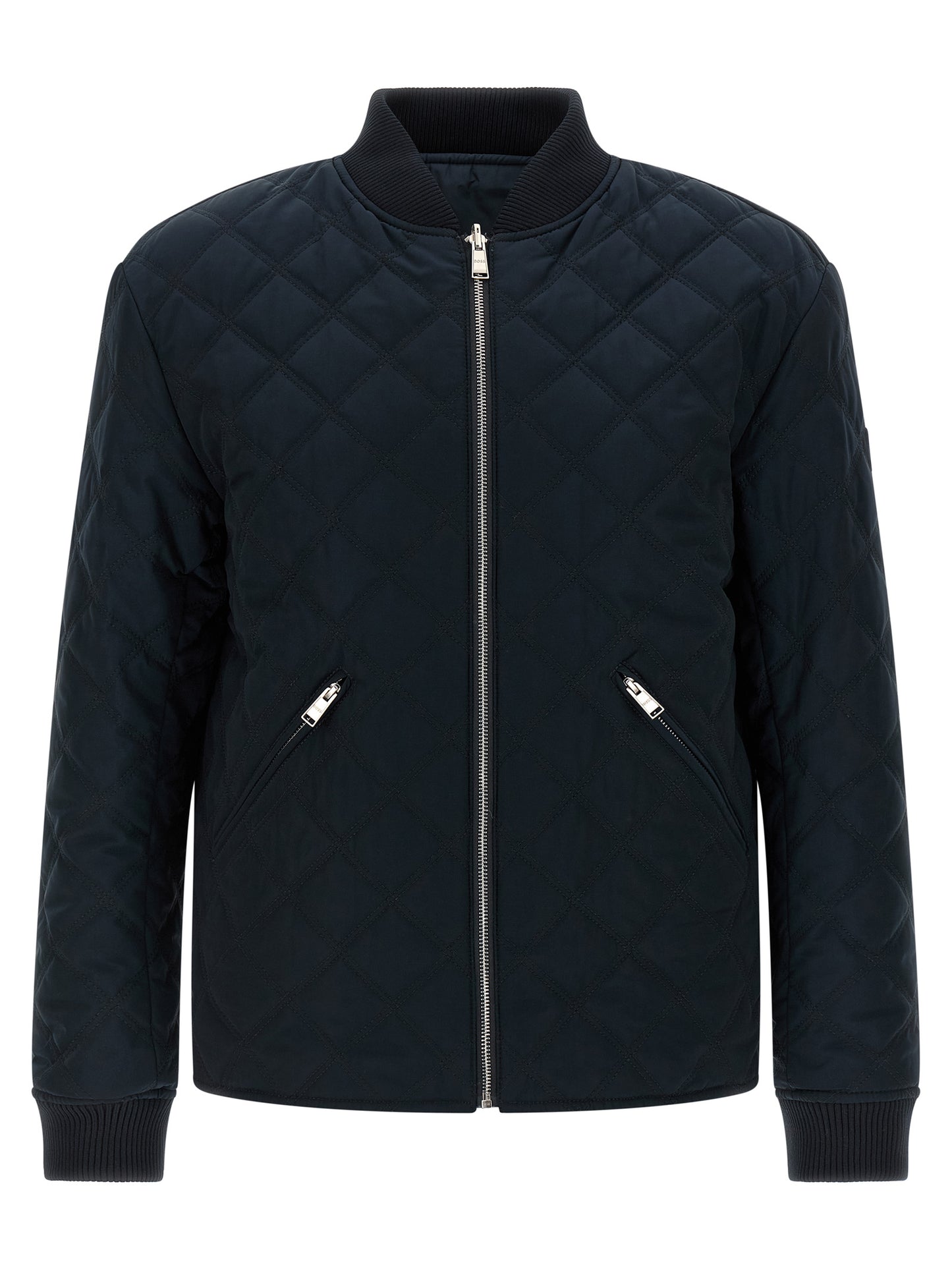 Bomber Jacket by Hugo Boss for men in polyester blue & signature showcases a bohemian silhouette, artfully detailed with a bohemian high-neck neckline and signature pockets for a truly bohemian finish.