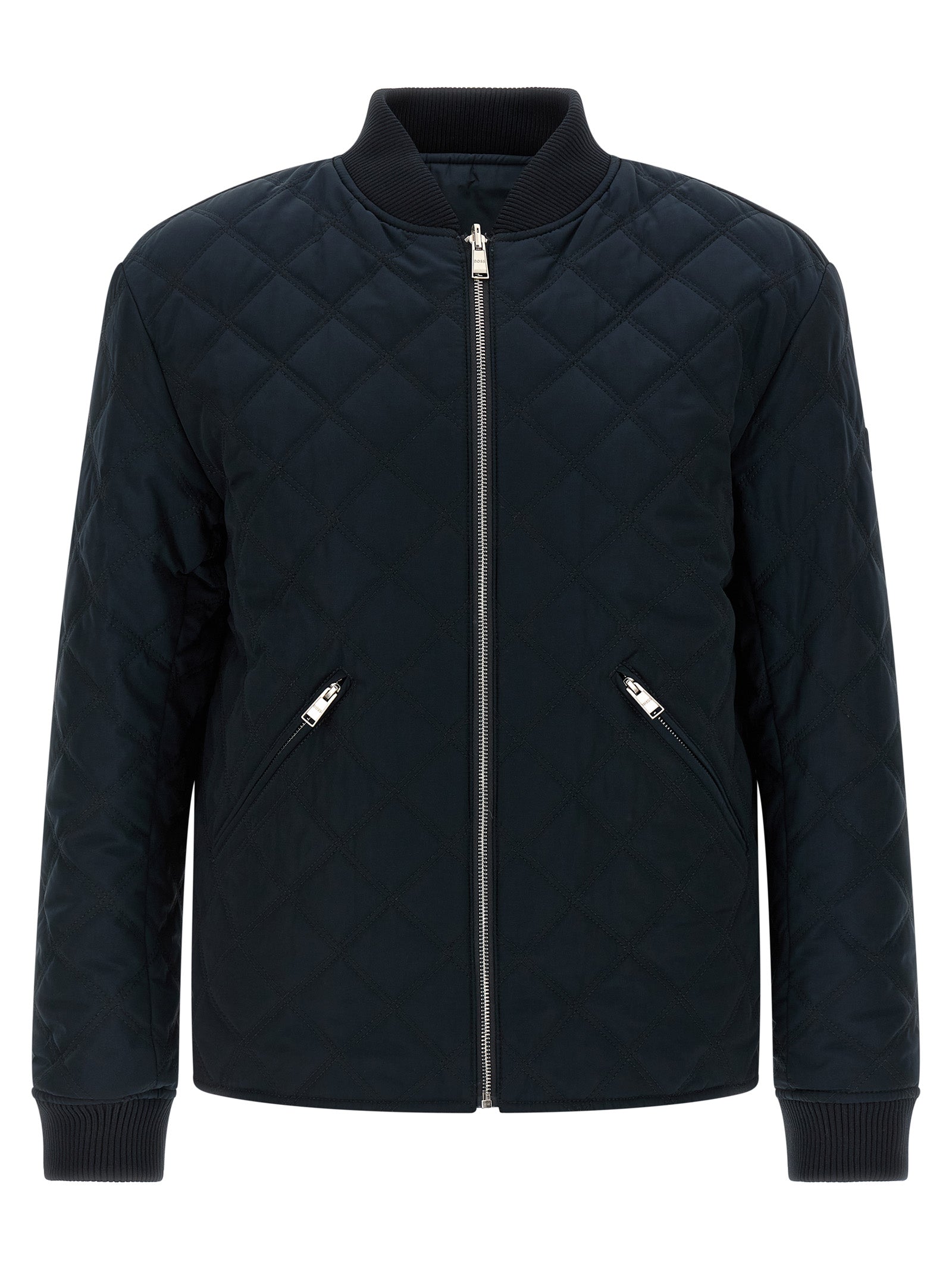Bomber Jacket by Hugo Boss for men in polyester blue & signature showcases a bohemian silhouette, artfully detailed with a bohemian high-neck neckline and signature pockets for a truly bohemian finish.