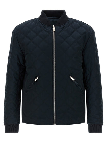 Bomber Jacket by Hugo Boss for men in polyester blue & signature showcases a bohemian silhouette, artfully detailed with a bohemian high-neck neckline and signature pockets for a truly bohemian finish.