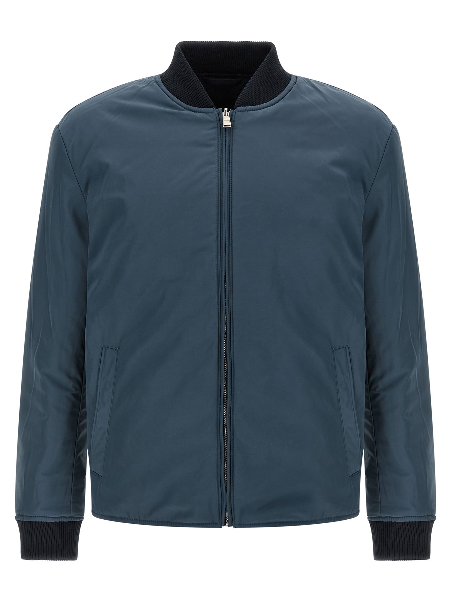 Bomber Jacket by Hugo Boss for men in polyester blue & signature features an on trend silhouette, showcasing refined pockets and a sophisticated high-neck neckline for a truly on trend finish.