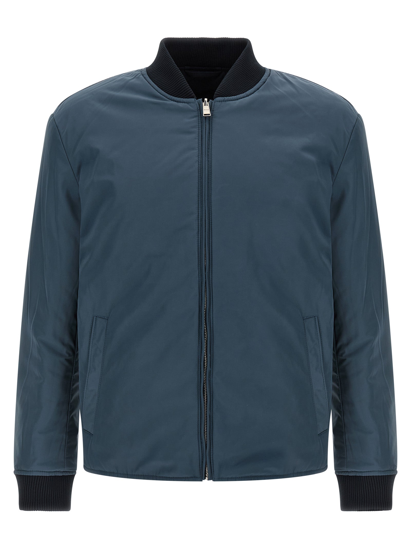 Bomber Jacket by Hugo Boss for men in polyester blue & signature features an on trend silhouette, showcasing refined pockets and a sophisticated high-neck neckline for a truly on trend finish.