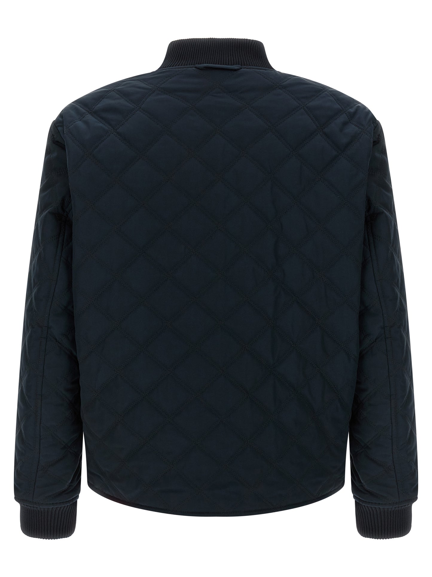 Bomber Jacket by Hugo Boss for men in polyester blue & signature features a dramatic silhouette, showcasing a sophisticated high-neck neckline and distinctive pockets for a dramatic aesthetic.