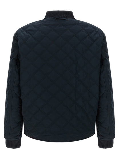 Bomber Jacket by Hugo Boss for men in polyester blue & signature features a dramatic silhouette, showcasing a sophisticated high-neck neckline and distinctive pockets for a dramatic aesthetic.
