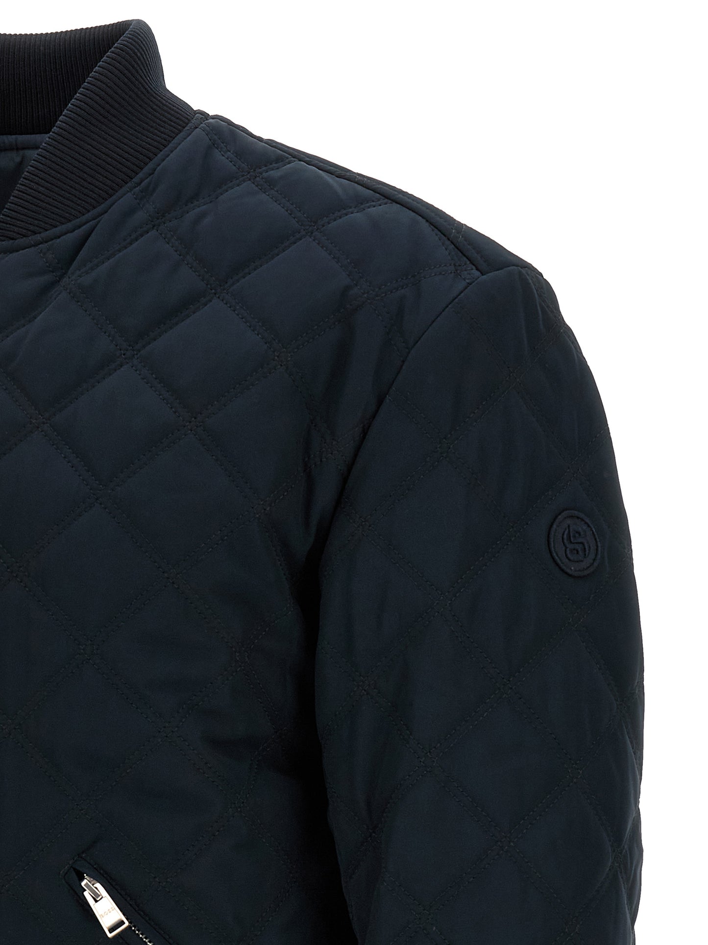 Bomber Jacket by Hugo Boss for men in polyester blue & signature features an contemporary silhouette, showcasing a sophisticated and contemporary pockets for a truly refined look.