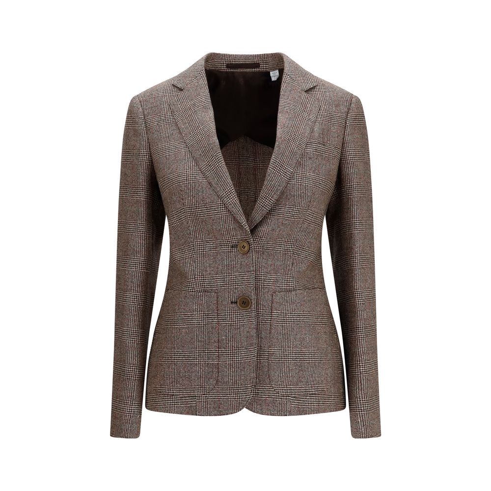 This Blazer by Burberry for women in linen merino wool & polyester brown, patterned & checked presents a tailored silhouette, meticulously tailored with a tailored v-neck neckline and distinctive for a tailored finish.