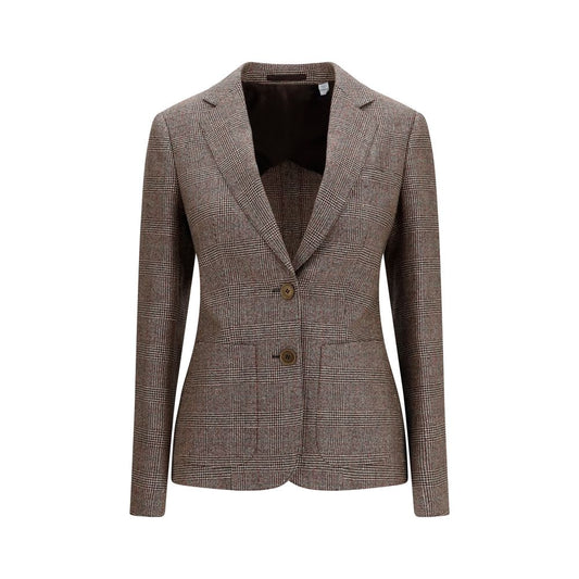 This Blazer by Burberry for women in linen merino wool & polyester brown, patterned & checked presents a tailored silhouette, meticulously tailored with a tailored v-neck neckline and distinctive for a tailored finish.