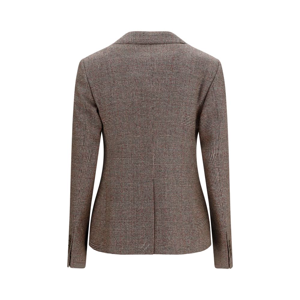 This Blazer by Burberry for women in linen merino wool & polyester brown, patterned & checked presents a tailored silhouette, meticulously tailored with a tailored v-neck neckline and distinctive for a tailored finish.