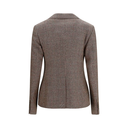 This Blazer by Burberry for women in linen merino wool & polyester brown, patterned & checked presents a tailored silhouette, meticulously tailored with a tailored v-neck neckline and distinctive for a tailored finish.